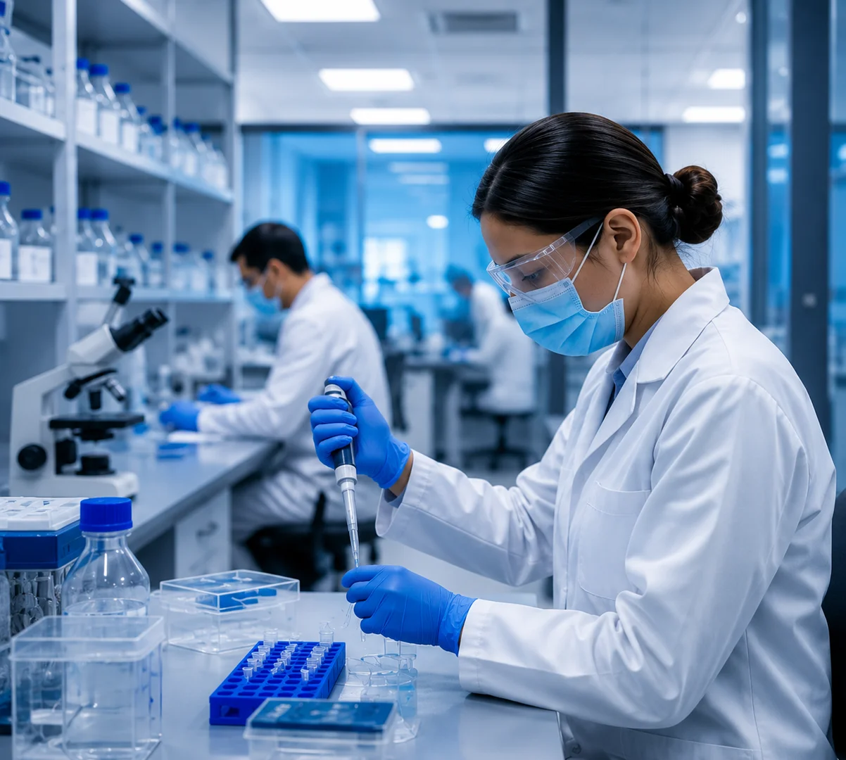Biotechnology scientist performing laboratory pipetting in a modern research laboratory