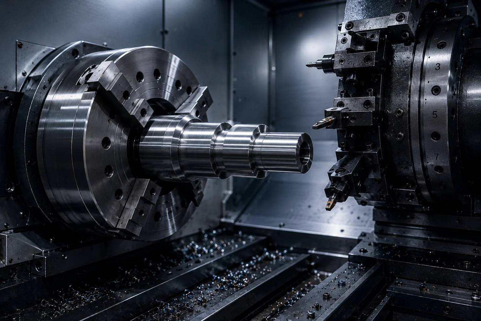 CNC lathe machining a precision metal shaft inside an industrial workshop