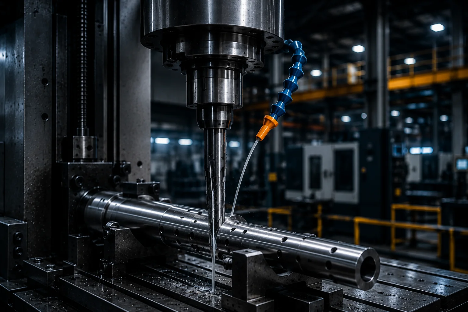 Industrial deep-hole drilling machine processing a precision metal shaft