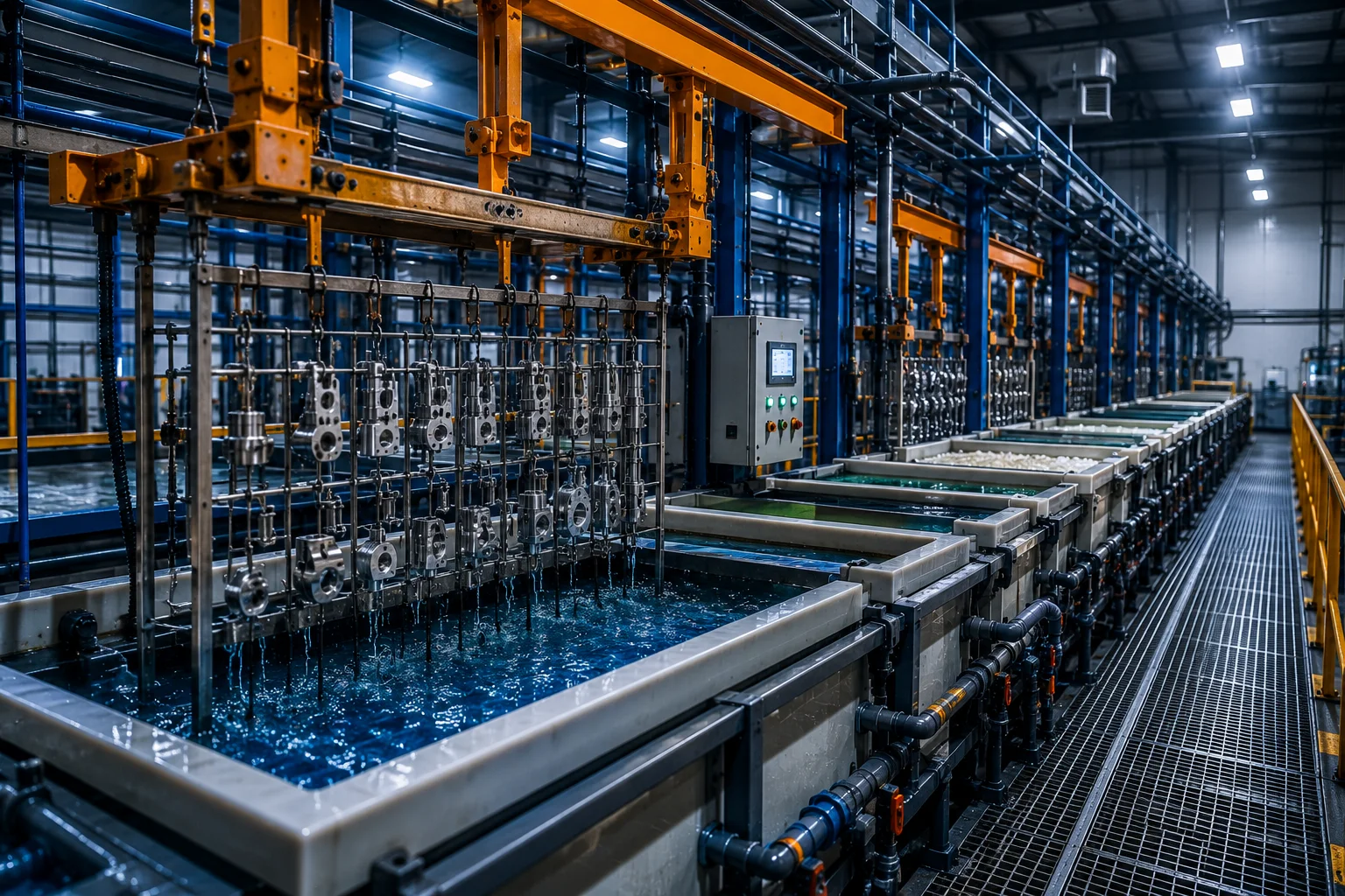 Automated electroplating and surface treatment production line inside an industrial facility