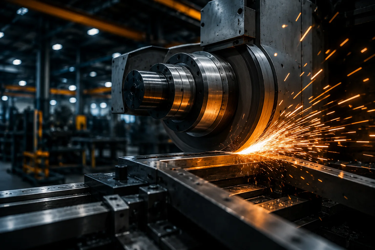 Industrial grinding machine producing sparks while finishing a metal workpiece