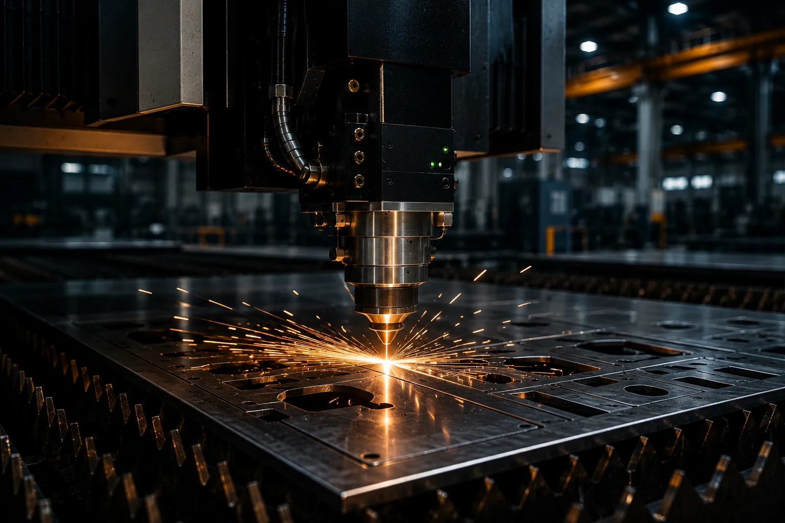 Industrial laser cutting system processing a metal sheet inside a modern factory