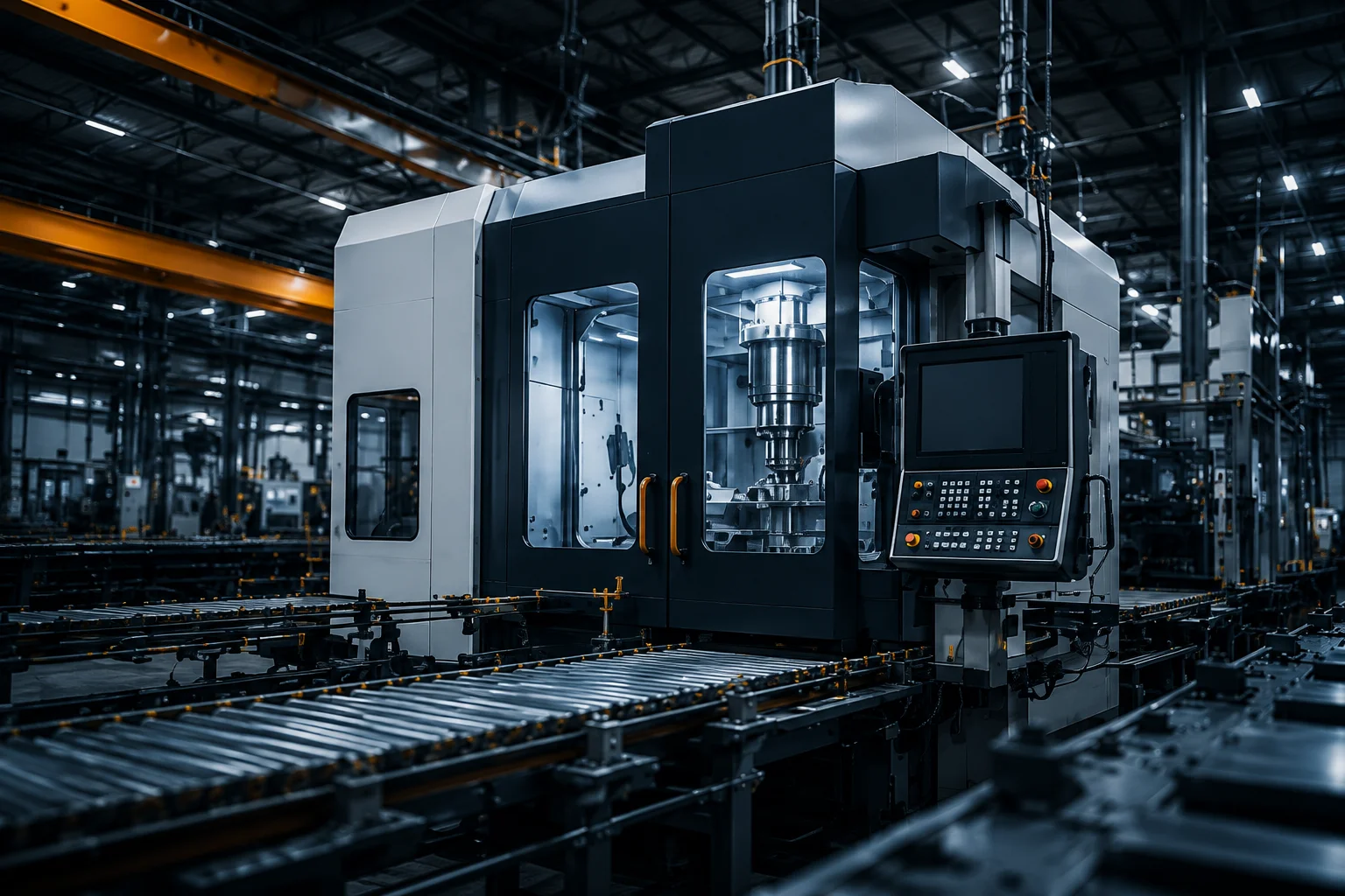 Modern CNC machining center and automated production system inside an industrial manufacturing facility