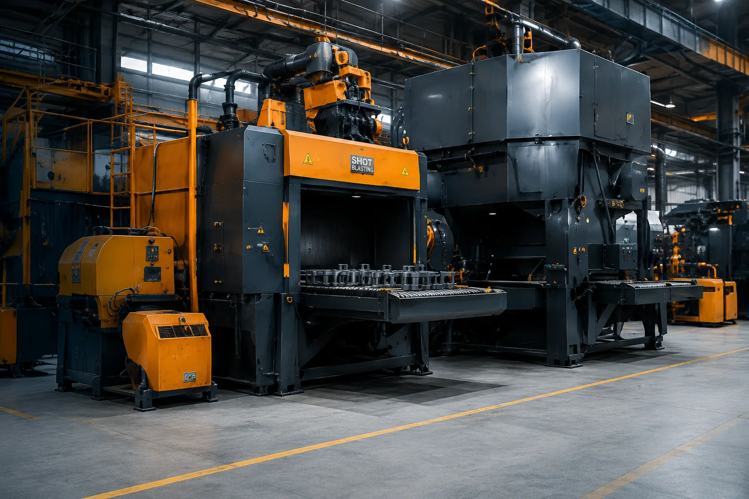 Industrial shot blasting and surface treatment system inside a modern manufacturing facility