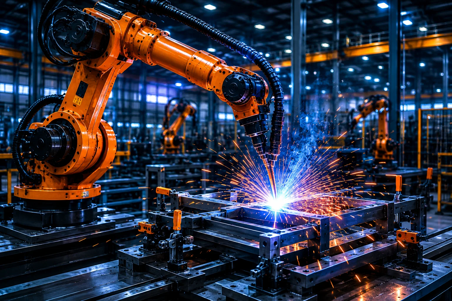 Robotic welding arm operating on a metal assembly inside an automated manufacturing facility