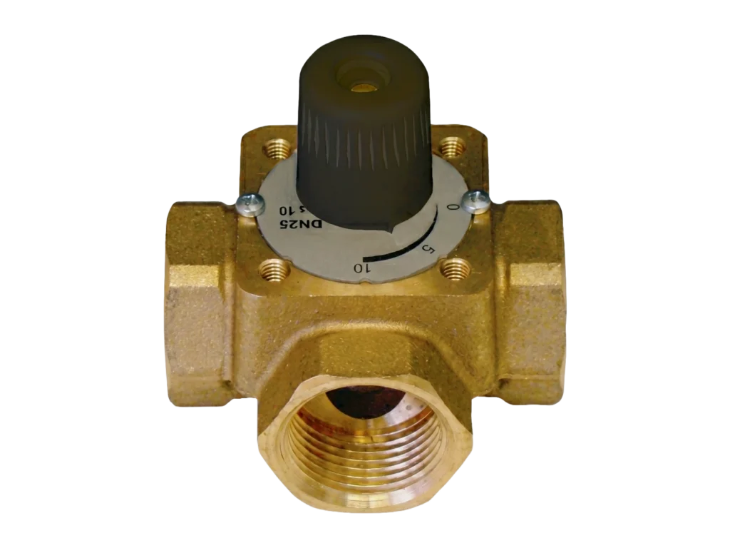 Front elevated view of HERZ 2137 brass 3-way control ball valve