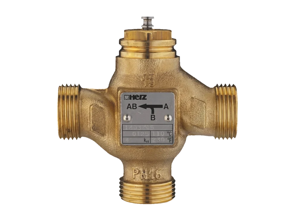Front view of HERZ 4037 DZR brass 3-way control valve