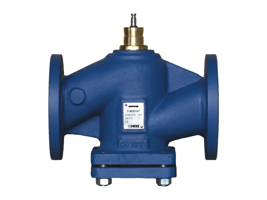 Front view of HERZ F4035 two-port flanged control valve for HVAC flow regulation