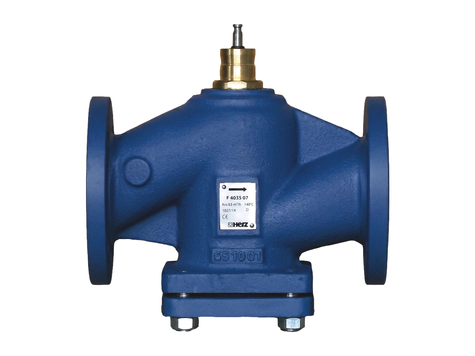 Front view of HERZ F4035 two-port flanged control valve for HVAC flow regulation